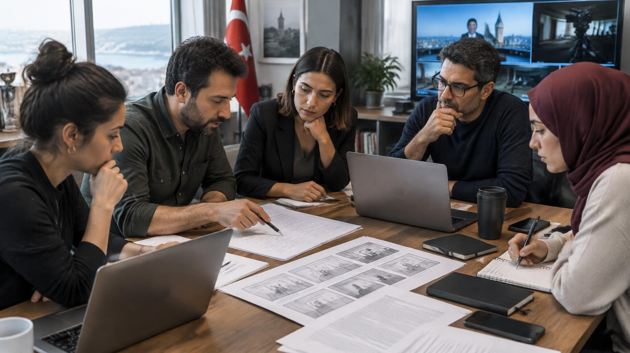 Team of media professionals reviewing a broadcast script together
