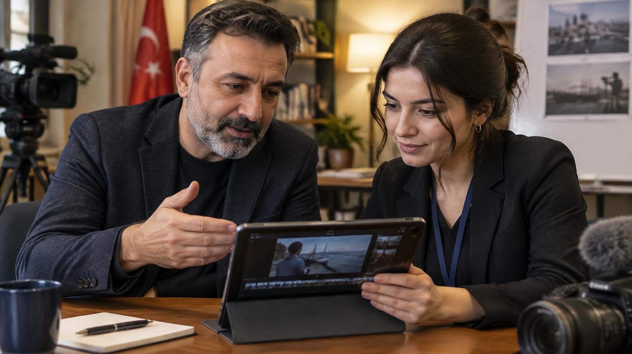 Trainer giving feedback to a journalist after a rehearsal