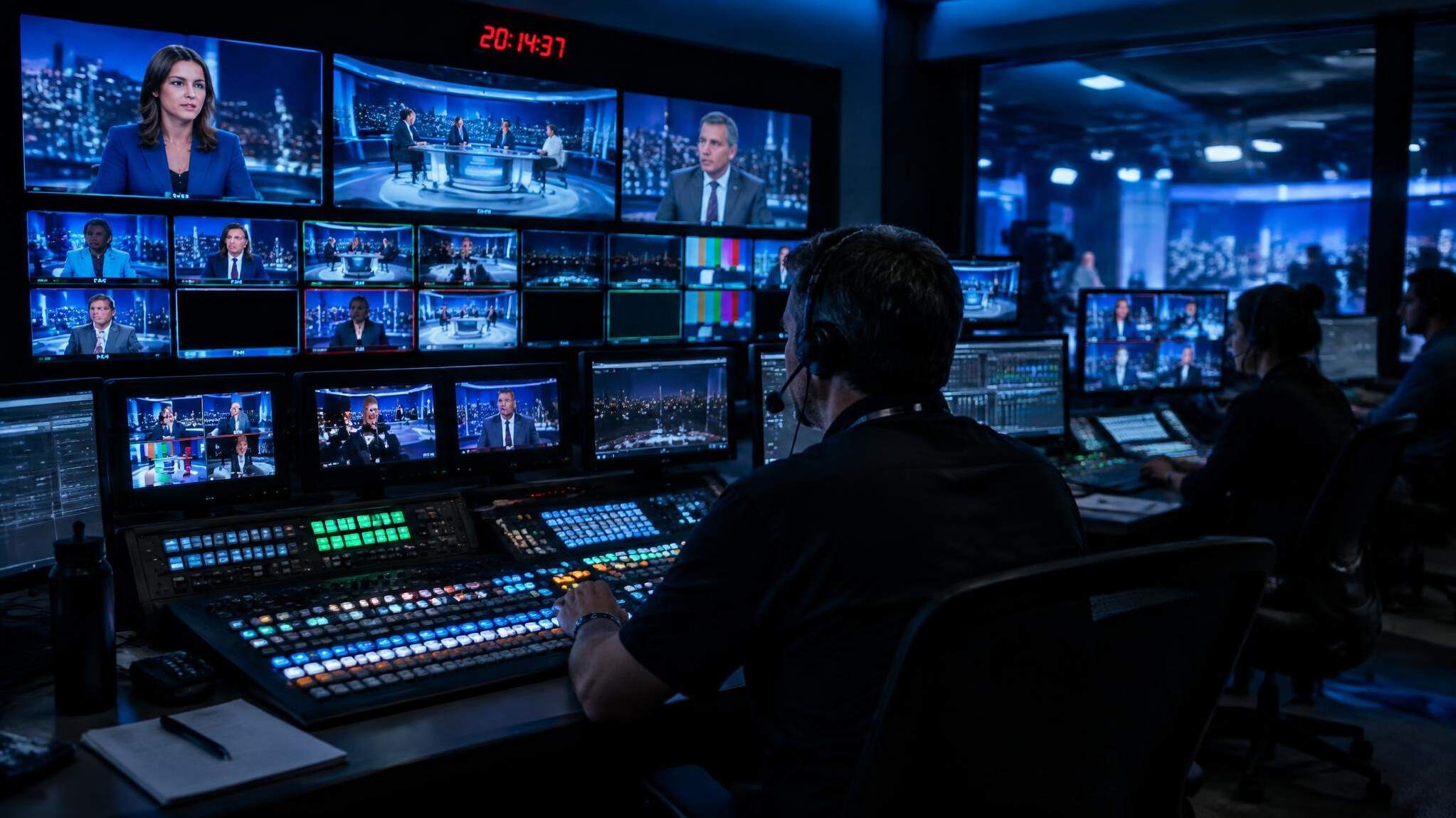 TV control room with broadcast mixing panel during a live transmission